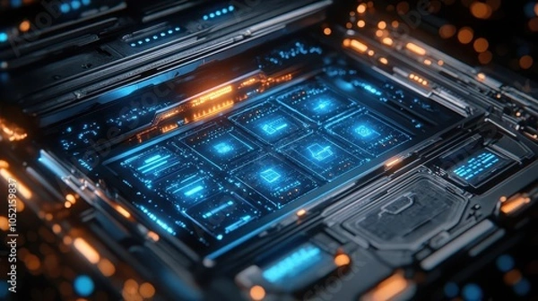 Obraz futuristic laptop showcasing a file drawer interface with digital data stores in blue hues, representing modern data management. the composition emphasizes sleek design and user-friendly functionality