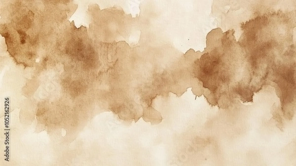 Fototapeta Abstract watercolor background with brown paint splatters and soft edges on a white backdrop.