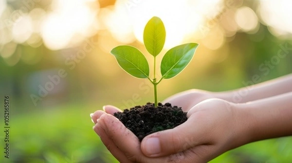 Fototapeta Hands gently holding a young green seedling in rich soil with sunlight background.