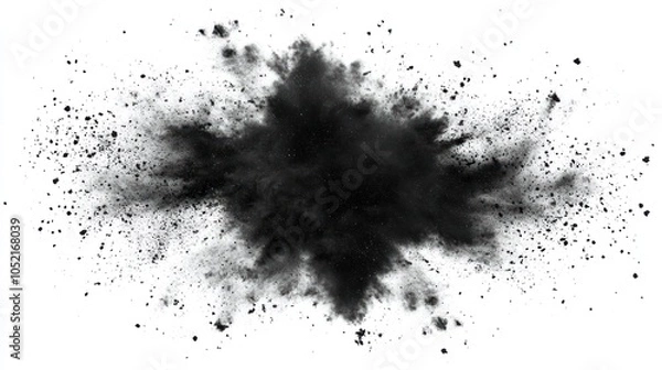 Fototapeta A black powder explosion effect on a white background, creating a dramatic visual impact.