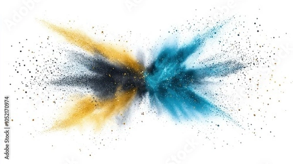 Obraz Abstract explosion of blue and gold particles creating a dynamic visual effect.