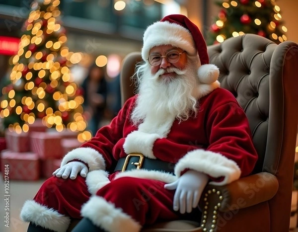 Obraz Santa sitting in soft chair on photozone in the mall with Christmas tree on backgrounds also a lot of blurred lights and gifts around