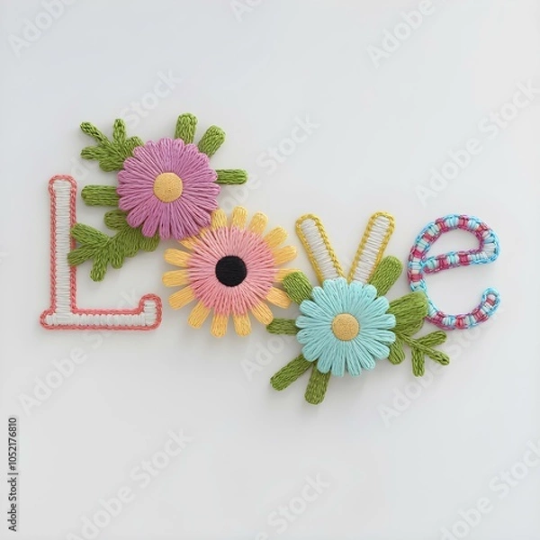 Obraz Embriodered floral letters LOVE. Crocheted summer wildflowers are gathered in an exquisite delicate bouquet. White background.