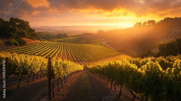 Obraz Picturesque vineyard at sunset with rows of grapevines illuminated by warm golden light in a serene rolling landscape