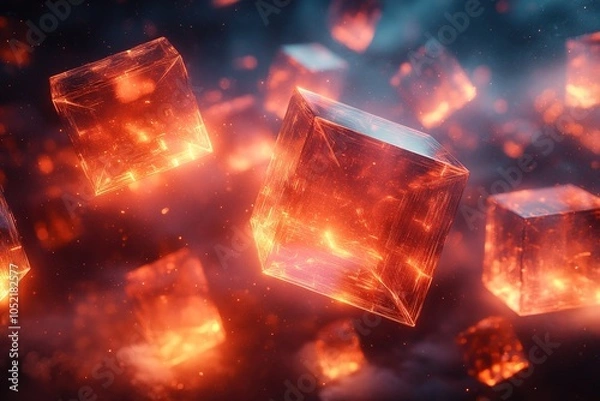 Fototapeta Abstract glowing cubes floating in a smoky, dark background.