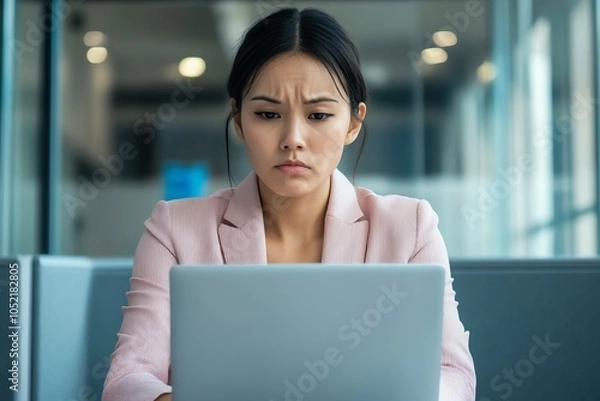 Fototapeta 3 Woman staring blankly at her laptop, visibly affected by burnout, close up, lack of motivation theme, realistic, Composite, office cubicle backdrop