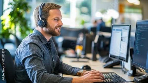Obraz Tech support specialist assisting customer via video call. Professional IT assistance through remote support.