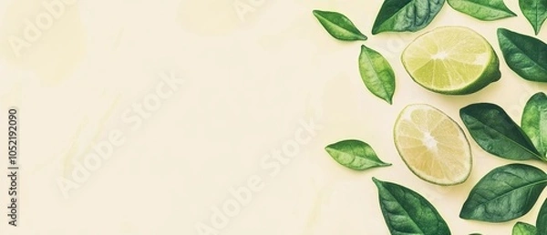 Fototapeta Lime slices and green leaves on a soft yellow background.