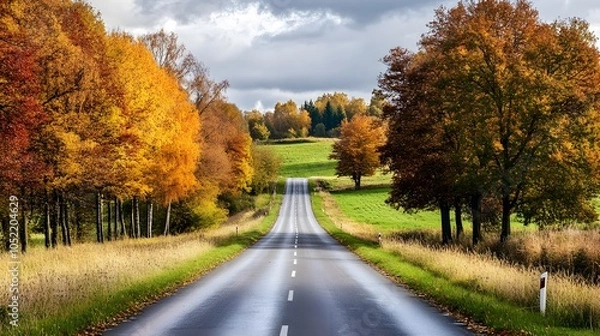 Fototapeta Scenic drive through a countryside with trees in full autumn colors