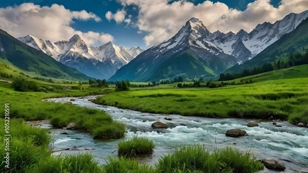 Fototapeta landscape with lake and mountains