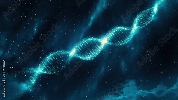 Fototapeta A mesmerizing view of swirling turquoise DNA strands illuminated against a starry night sky, evoking wonder about the universe and life