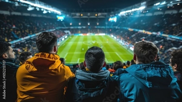 Obraz Fans enjoying a thrilling soccer match in a packed stadium during evening hours