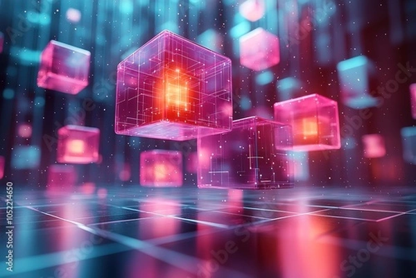 Fototapeta Glowing pink and blue cubes with digital patterns float above a grid.