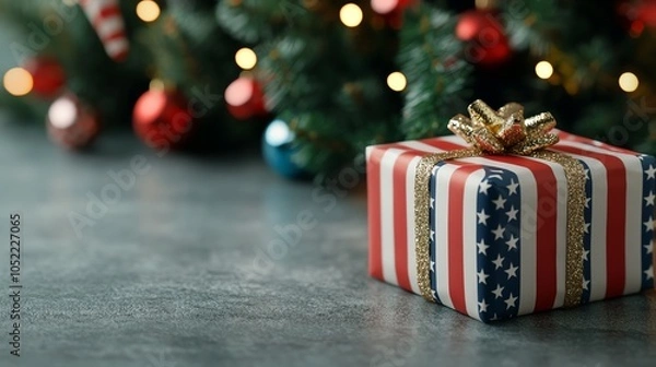 Obraz Christmas present wrapped in USA flag paper under tree, 3D illustration