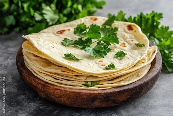 Obraz Chapati traditional tortillas with fresh parsley on a gray background indian flatbreads