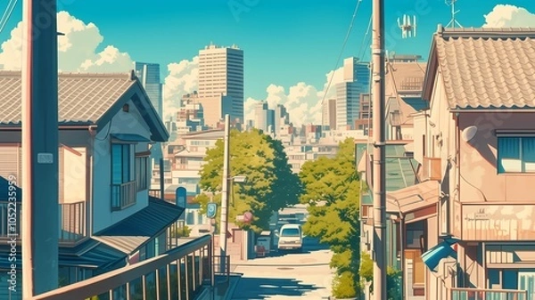 Fototapeta イラスト調の日本の昭和時代の風景画像