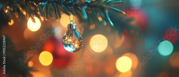 Fototapeta A beautifully decorated Christmas ornament hanging from a tree, with soft, colorful lights in the background.