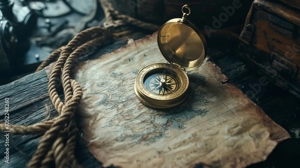 Fototapeta Compass, rope on the treasure map on the table. The concept of sea adventures