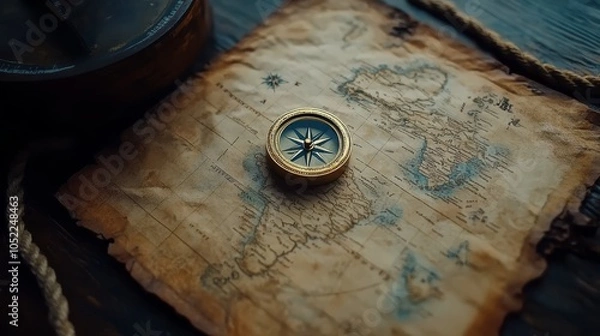Fototapeta Compass, rope on the treasure map on the table. The concept of sea adventures