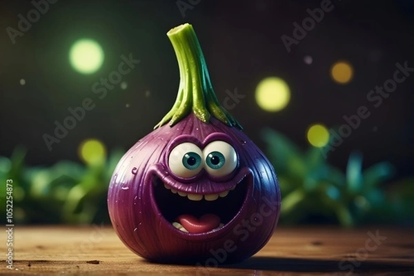 Fototapeta A funny cartoon onion with a whimsical face and expressive eyes. This illustration captures the playful essence of a quirky vegetable character, full of humor and charm.