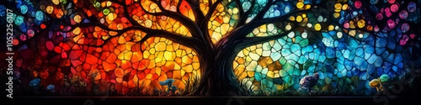 Fototapeta Vibrant Stained Glass Tree Art featuring a Colorful Display of Nature, Ideal for Wall Art, Background, and Spiritual Decoration