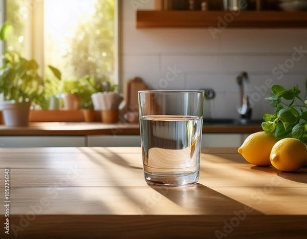 Obraz a clear glass filled with fresh drinking water rests on a wooden table in a sunny kitchen highlighting a refreshing moment