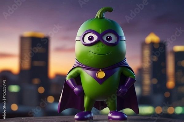 Fototapeta Dynamic cartoon eggplant superhero with a cape and mask, standing confidently in front of a glowing city skyline at dusk. Radiating strength and determination in a bold, heroic pose!