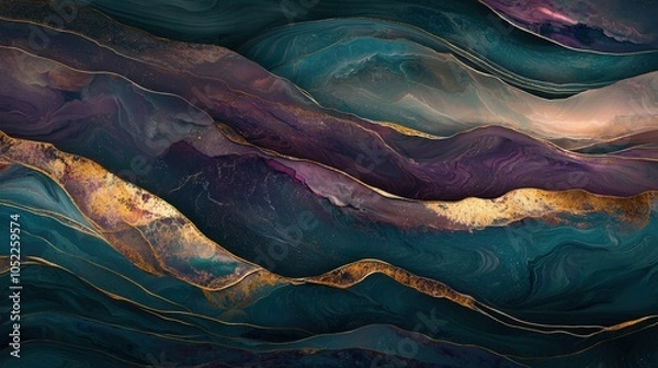 Fototapeta Dark abstract marble texture with rich teal and purple tones, accented with shimmering gold. Luxurious flowing waves and deep contrast.