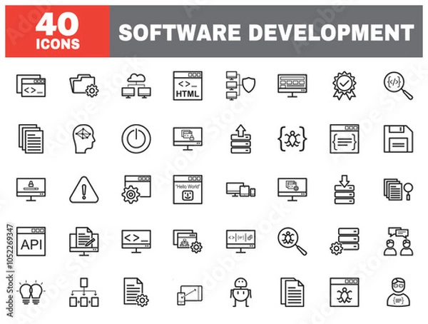 Fototapeta Set of 40 line icons software development. Outline icon collection. Editable stroke. Vector illustration.