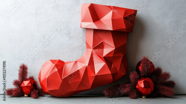 Fototapeta Red Christmas gift box with ribbon and holiday decoration - papercut style