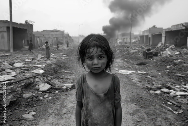 Obraz A girl is standing in the middle of a street with a black and white photo