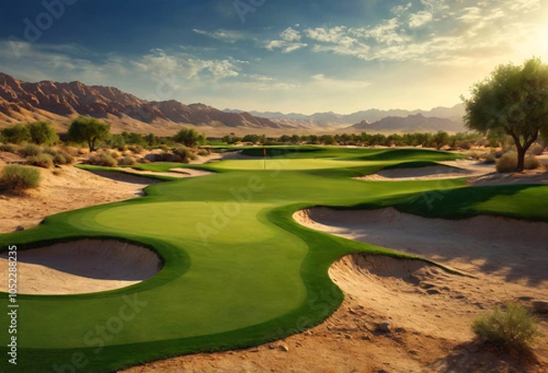 Fototapeta Artificial golf course in the middle of the desert. Generative AI