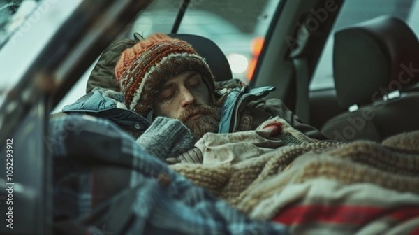 Fototapeta Person Sleeping in Car Depicting Homelessness