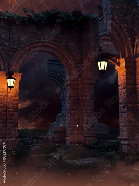 Fototapeta Old gothic ruins with lanterns and destroyed stone arches in a dark scene at night. 3D render. Made from 3D resources and painted elements. No AI used.