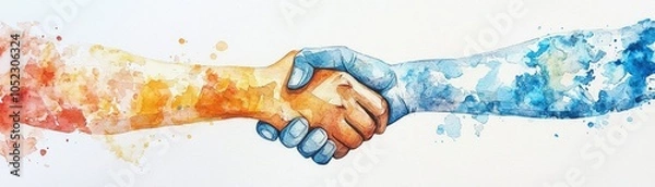 Fototapeta A colorful watercolor representation of two hands shaking, symbolizing unity, cooperation, and partnership.