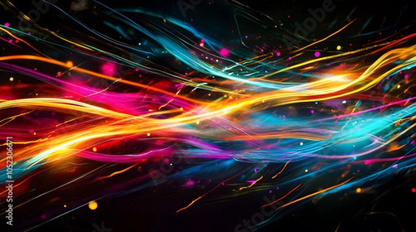 Fototapeta Colorful vector illustration of a fast car speeding through a neon-lit night road, leaving a trail of bright light and energy