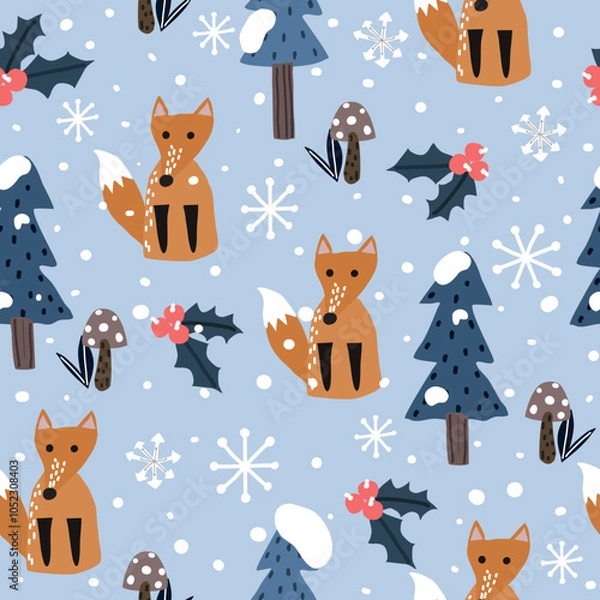 Obraz Seamless vector pattern with cute hand drawn polar foxes, pine trees and snowy winter woodland on  blue background. Perfect for textile, wallpaper or print design.
