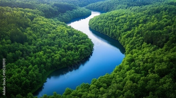 Fototapeta River winding through vibrant green valley bordered by mountains and forests. AI generated