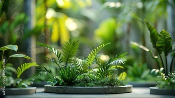 Fototapeta Lush greenery featuring various plants in modern planters amidst a serene environment, perfect for home decor inspiration.