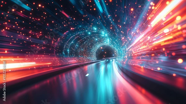 Fototapeta Glowing fiber optic strands create a cosmic, colorful, and festive night sky, perfect for holiday designs