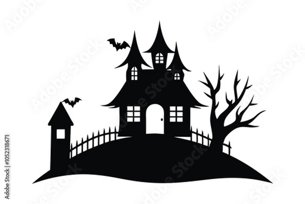 Obraz  silhouette of a spooky haunted house on a hill with white background emphasizing a Halloween theme