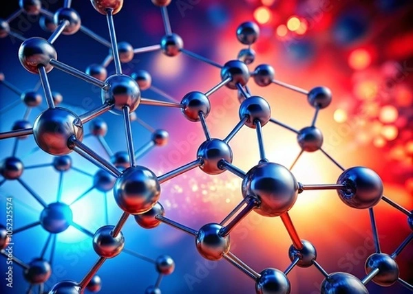 Fototapeta Close-Up of Molecular Structure with Red and Blue Gradient Background for Scientific Research and Innovation