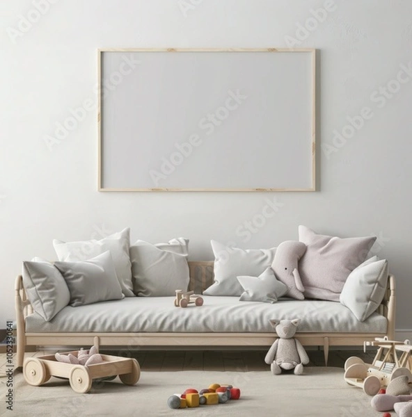 Fototapeta A cozy living room with a light gray sofa. wooden toys scattered around. and a large empty picture frame above the sofa