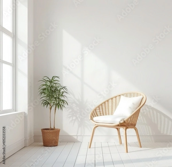 Fototapeta A wicker chair with a white cushion sits in a bright minimalist room with a potted plant and a large window letting in natural light