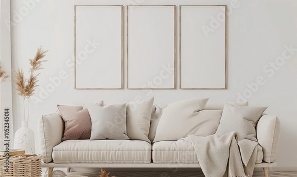 Obraz Three blank frames above a white sofa with pillows and a throw blanket in a minimalist living room