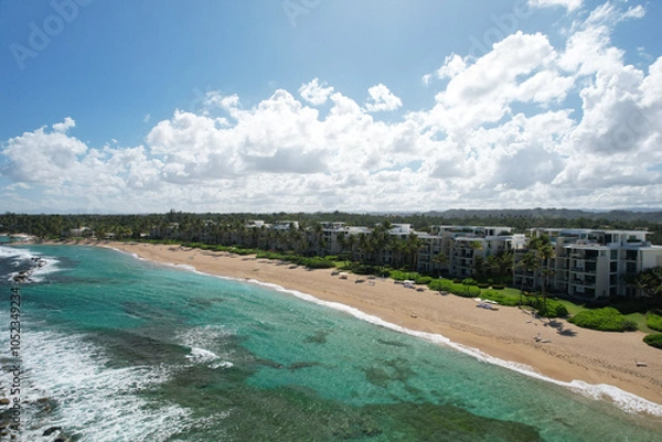 Obraz Aerial vantage of the west beach residences at Dorado Beach Resort, Puerto Rico, showing the coastline, sandy beach, palm trees, under a cloudy blue sky.