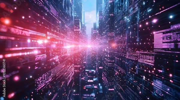 Fototapeta Glowing Quantum Particles Transferring Data in a Futuristic City Skyline