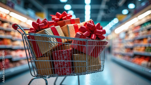Fototapeta Festive Shopping Cart Overflowing with Wrapped Gifts: Perfect for Holiday Sales Promotions and E-commerce Campaigns