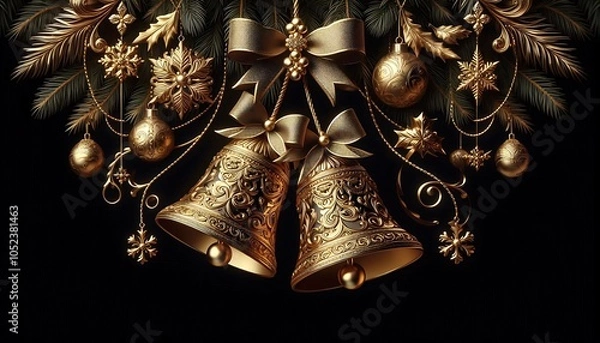 Fototapeta Gold Christmas Bells Beautiful golden bells with intricate details on black background,generative ai