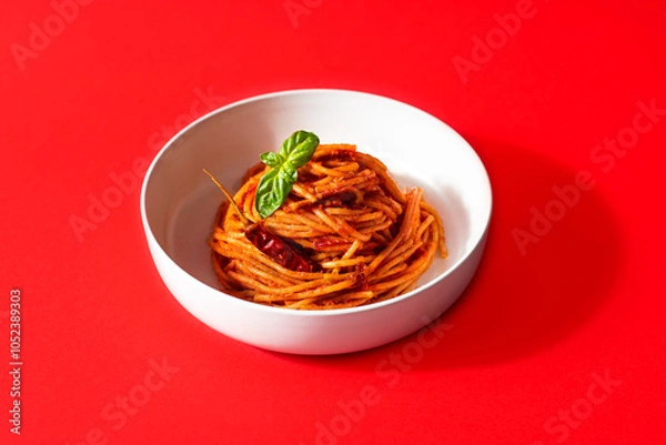 Fototapeta Spaghetti all'assassina is a typical Apulian recipe, Bari. Trendy first course, pasta cooked directly in a pan with tomato sauce, crunchy and spicy flavor. Red bloody color